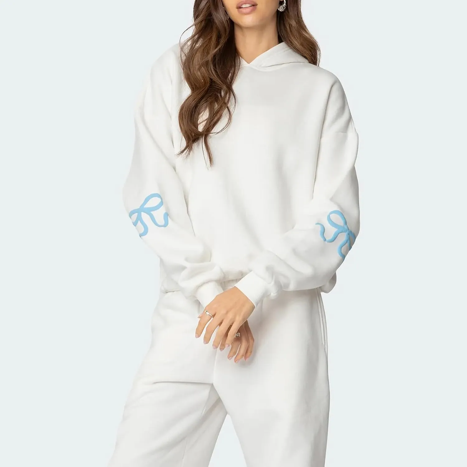 Women Bow Print Sweat Set Long Sleeve Oversized Hoodie Wide Leg Sweatpants 2 Piece Outfits Matching Tracksuit