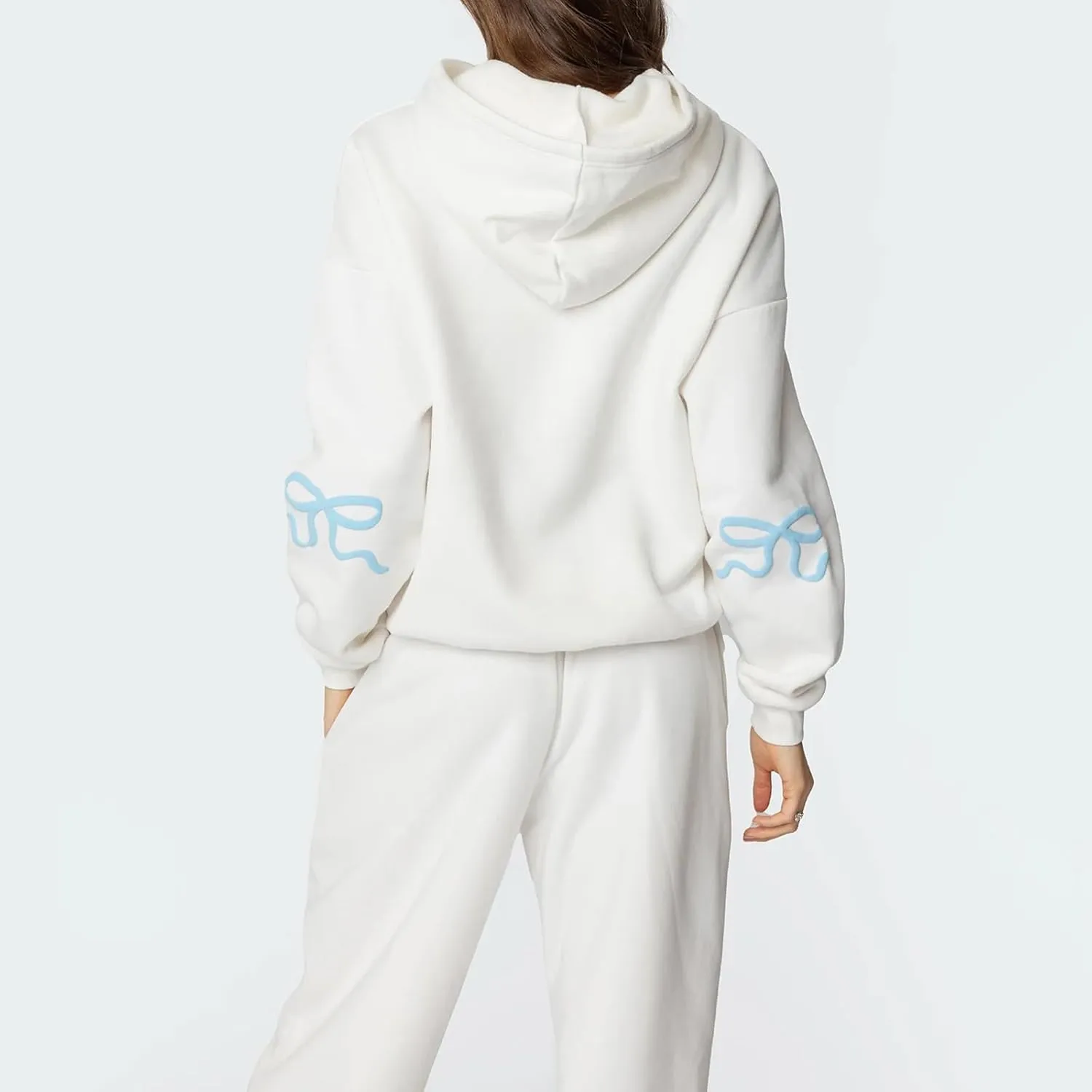 Women Bow Print Sweat Set Long Sleeve Oversized Hoodie Wide Leg Sweatpants 2 Piece Outfits Matching Tracksuit