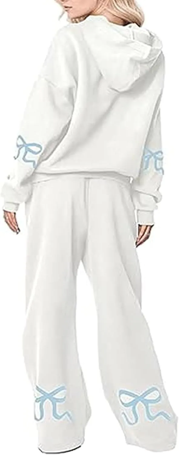 Women Bow Print Sweat Set Long Sleeve Oversized Hoodie Wide Leg Sweatpants 2 Piece Outfits Matching Tracksuit