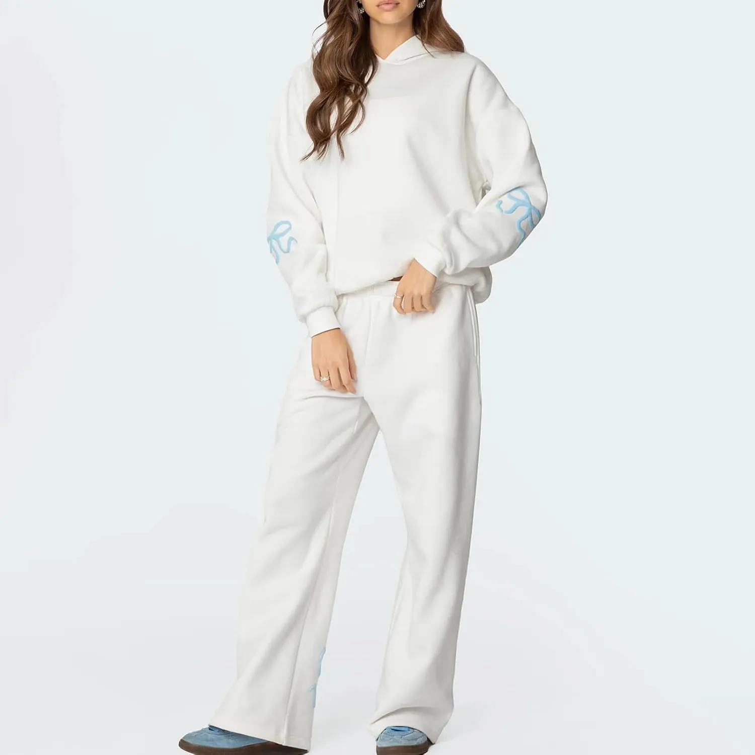 Women Bow Print Sweat Set Long Sleeve Oversized Hoodie Wide Leg Sweatpants 2 Piece Outfits Matching Tracksuit