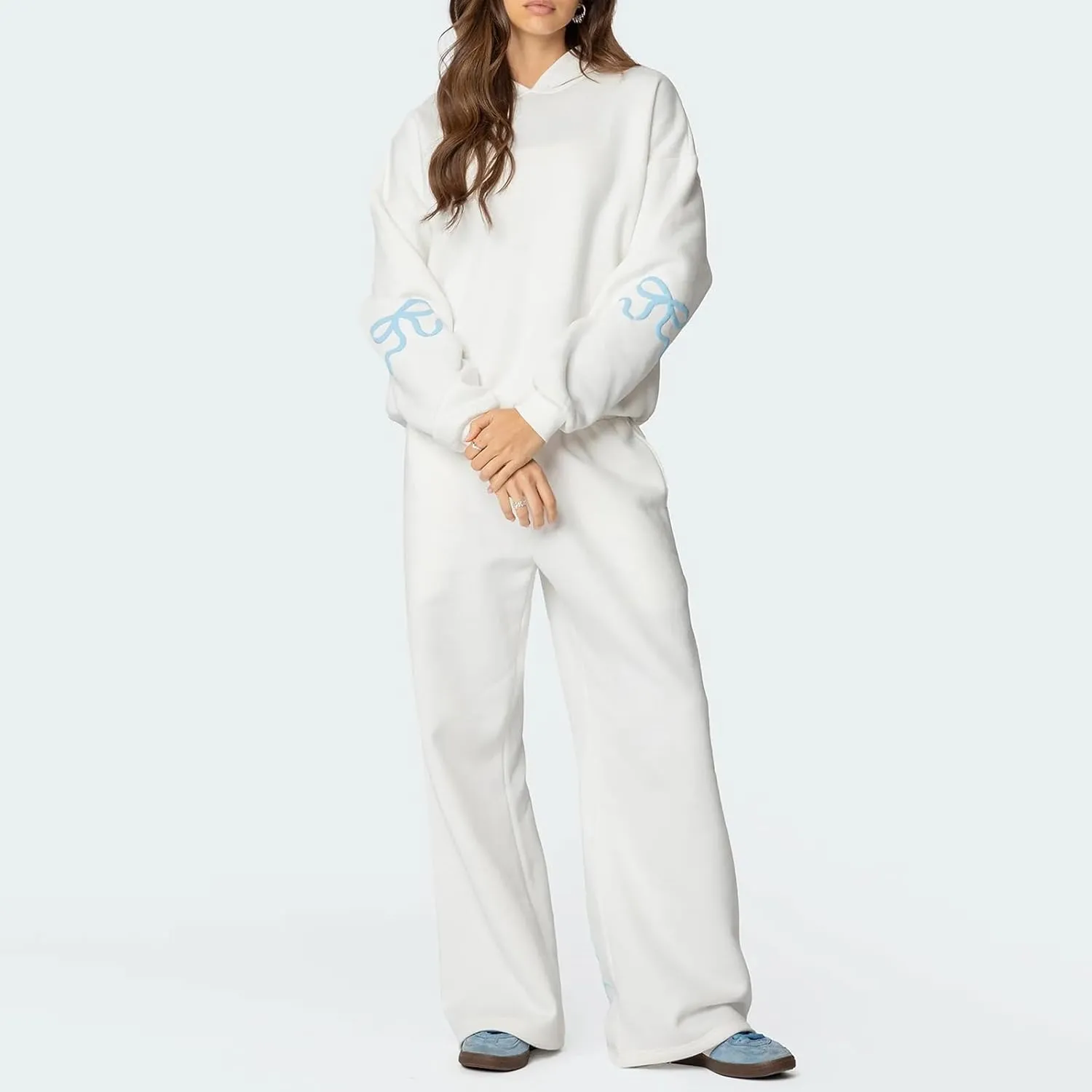 Women Bow Print Sweat Set Long Sleeve Oversized Hoodie Wide Leg Sweatpants 2 Piece Outfits Matching Tracksuit