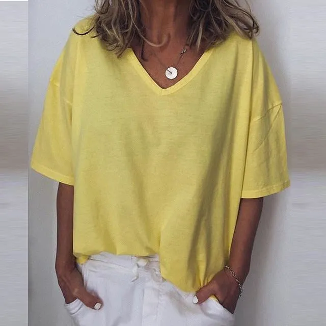 Women Casual Tee Plus Size Short Sleeve V-Neck Plain Shirts Summer Sexy T-Shirt Loose Fitting Shirts Basic Top Tunic Tees XXXXXL