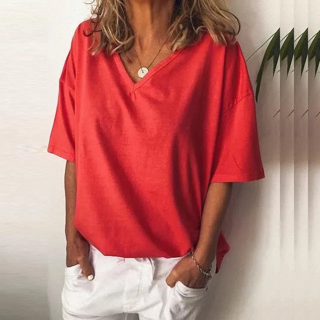 Women Casual Tee Plus Size Short Sleeve V-Neck Plain Shirts Summer Sexy T-Shirt Loose Fitting Shirts Basic Top Tunic Tees XXXXXL
