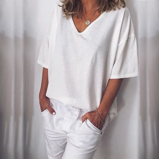Women Casual Tee Plus Size Short Sleeve V-Neck Plain Shirts Summer Sexy T-Shirt Loose Fitting Shirts Basic Top Tunic Tees XXXXXL