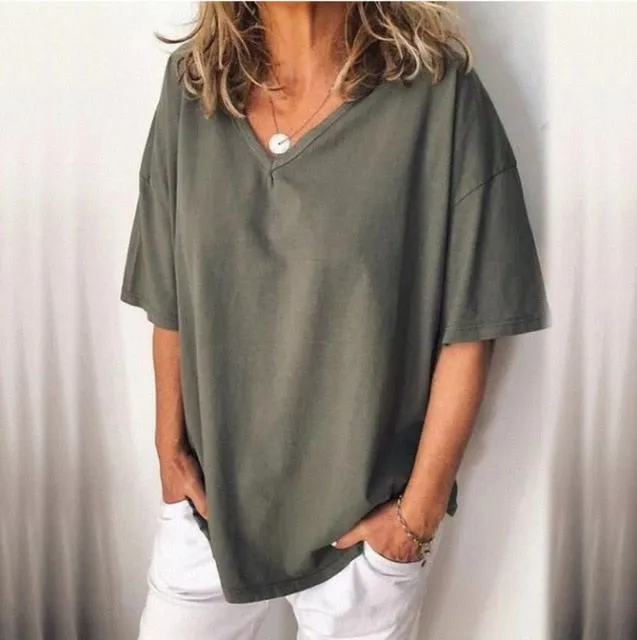 Women Casual Tee Plus Size Short Sleeve V-Neck Plain Shirts Summer Sexy T-Shirt Loose Fitting Shirts Basic Top Tunic Tees XXXXXL