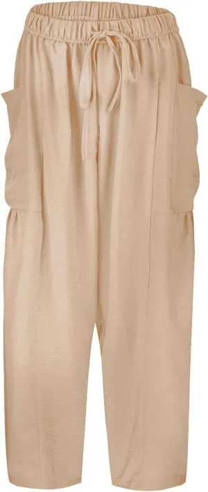 Women Cotton Linen Summer Floral Pants Elastic Waisted Bootcut Slim Fit Trouser Work Business