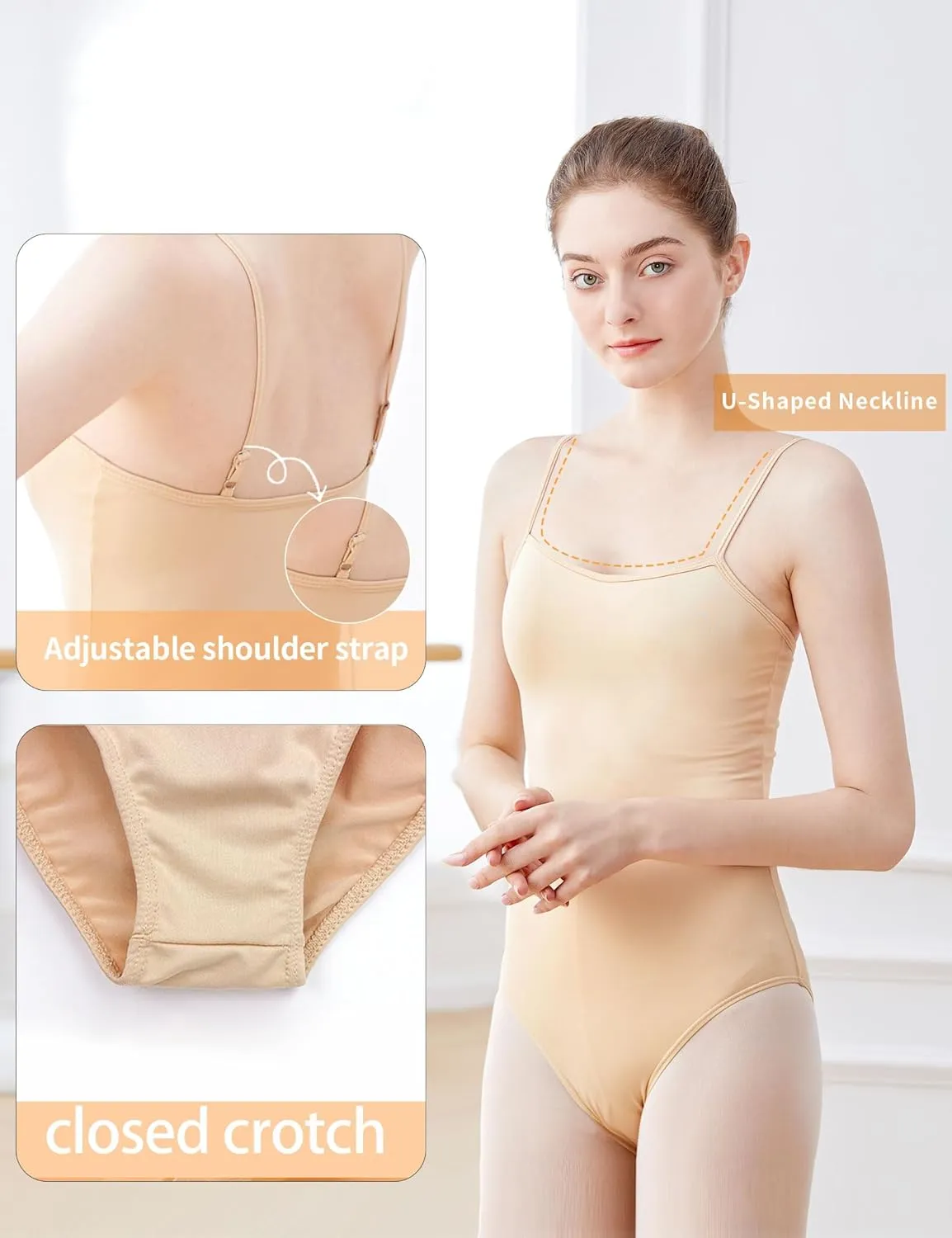 Women Nude Camisole Undergarment Leotards with Adjustable Straps for Ballet/Gymnastics/Dancing
