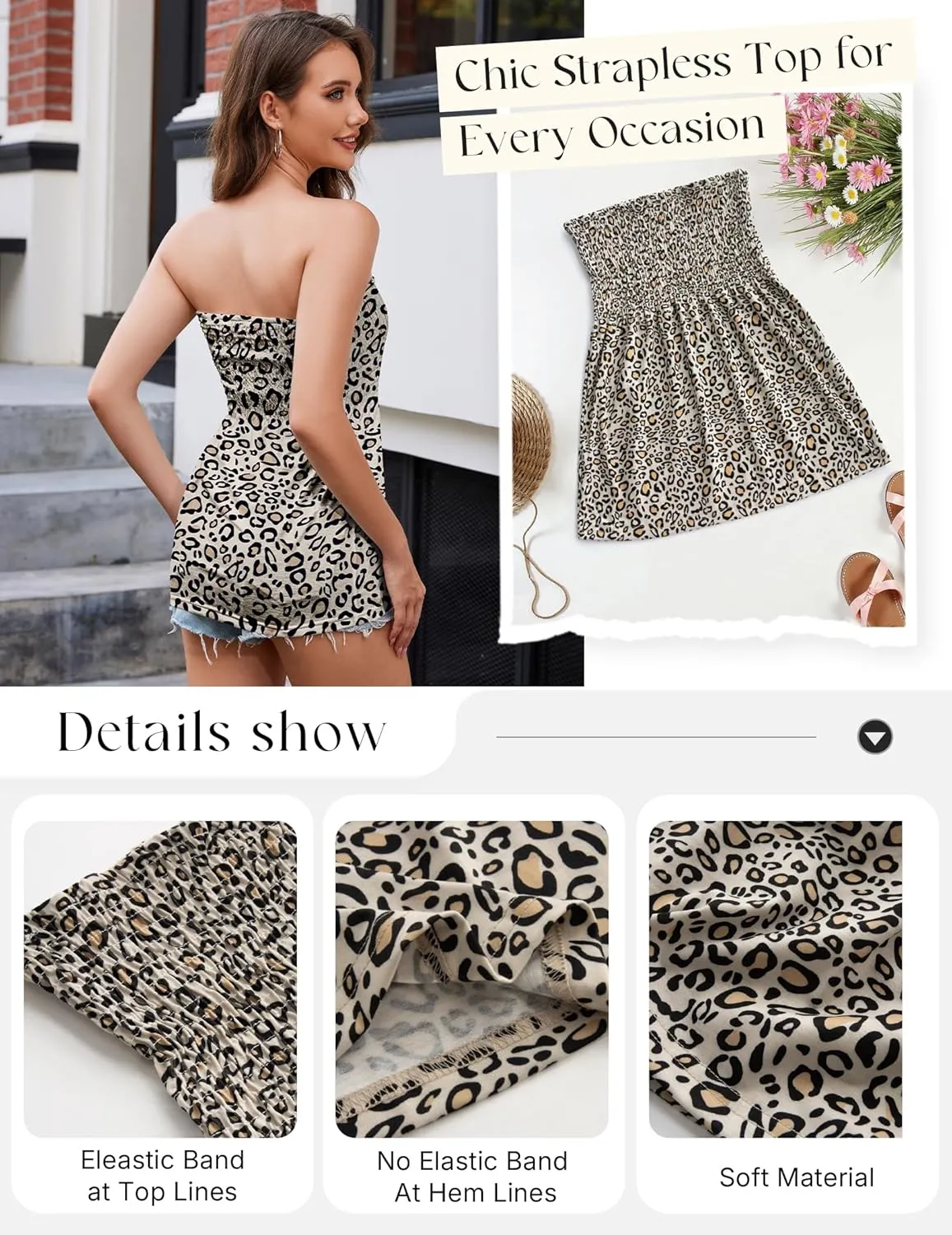 Women Pleated Ruffled Backless Tube Tops Sleeveless Smocked Bandeau Tank Summer Floral Print Strapless Shirts