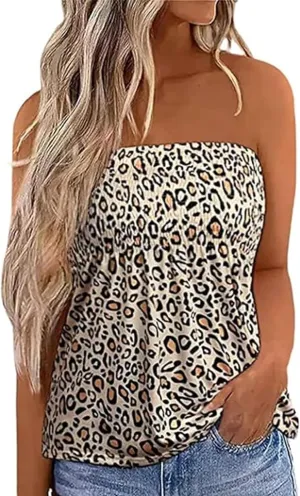 Women Pleated Ruffled Backless Tube Tops Sleeveless Smocked Bandeau Tank Summer Floral Print Strapless Shirts