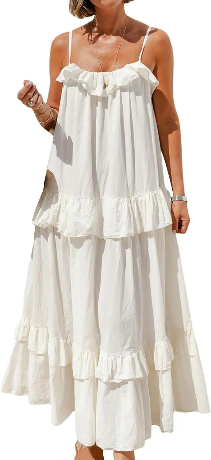 Women Ruffle Cami Maxi Dress Spaghetti Strap Swing Tiered Sundress Casual Tie Flowy Long Beach Dress
