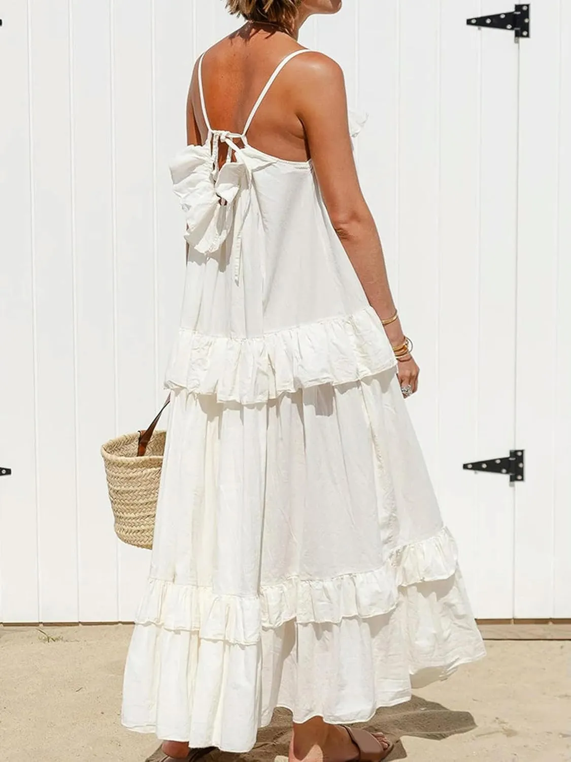 Women Ruffle Cami Maxi Dress Spaghetti Strap Swing Tiered Sundress Casual Tie Flowy Long Beach Dress