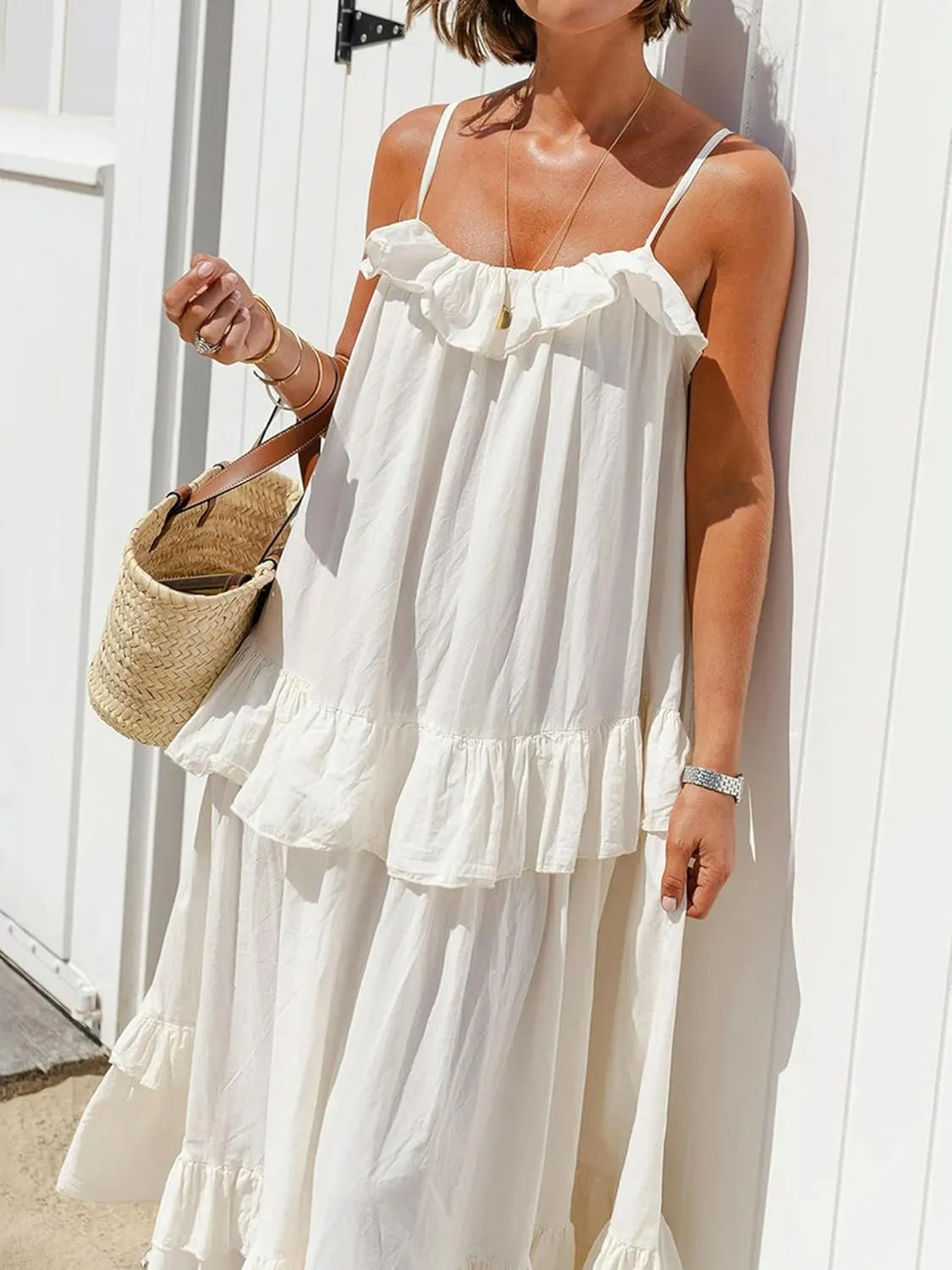 Women Ruffle Cami Maxi Dress Spaghetti Strap Swing Tiered Sundress Casual Tie Flowy Long Beach Dress