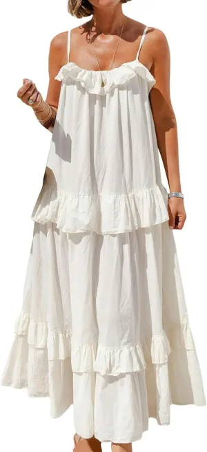Women Ruffle Cami Maxi Dress Spaghetti Strap Swing Tiered Sundress Casual Tie Flowy Long Beach Dress