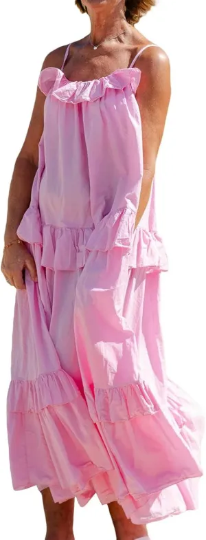 Women Ruffle Cami Maxi Dress Spaghetti Strap Swing Tiered Sundress Casual Tie Flowy Long Beach Dress