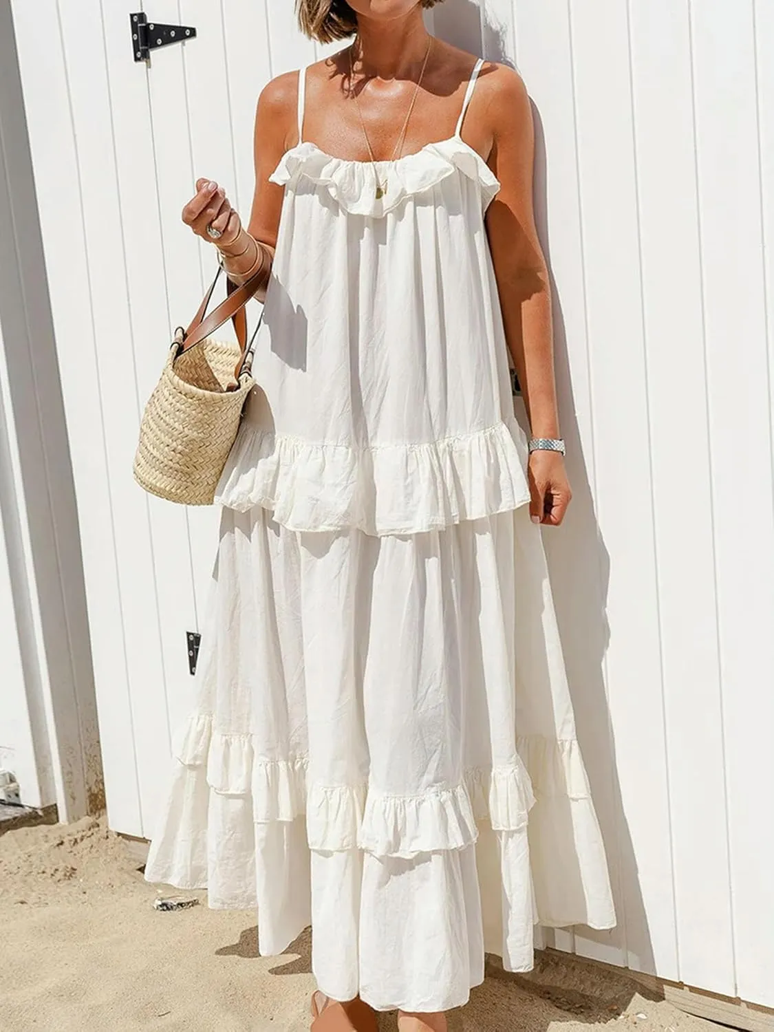 Women Ruffle Cami Maxi Dress Spaghetti Strap Swing Tiered Sundress Casual Tie Flowy Long Beach Dress