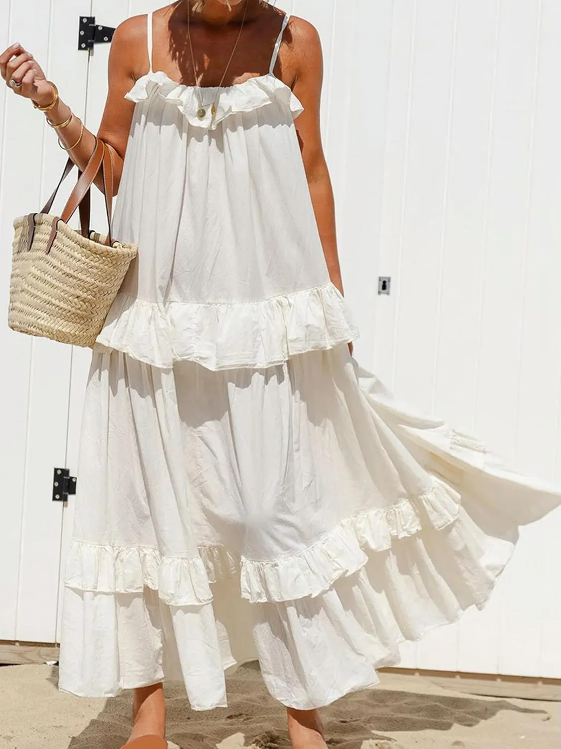 Women Ruffle Cami Maxi Dress Spaghetti Strap Swing Tiered Sundress Casual Tie Flowy Long Beach Dress