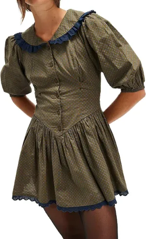 Women Short Puff Sleeve Bustier Dress Lace Trim Ruffle Babydoll Dress Polka Dot Floral A Line Mini Sundress