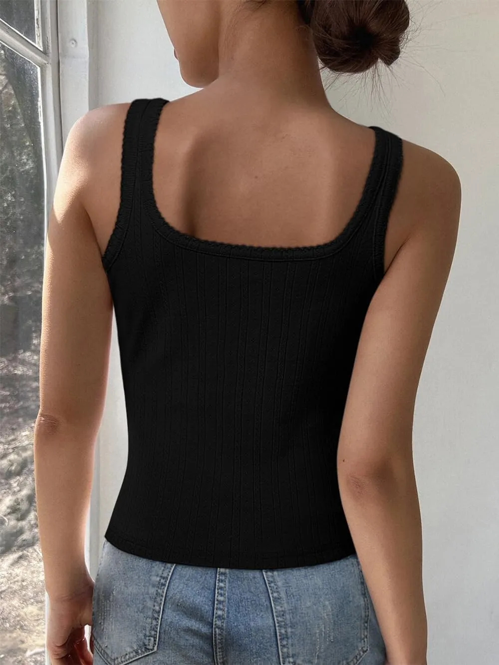 Women Square Neck Crop Tank Tops Sexy Y2K Summer Sleeveless Button Down Fitted Shirts Lace Going Out Camisole Tops