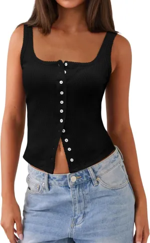 Women Square Neck Crop Tank Tops Sexy Y2K Summer Sleeveless Button Down Fitted Shirts Lace Going Out Camisole Tops