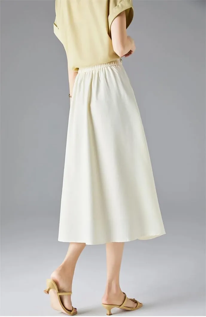Women Summer A-Line Loose Elastic Hight Waist Pleated Swing Midi Skirt with Pockets