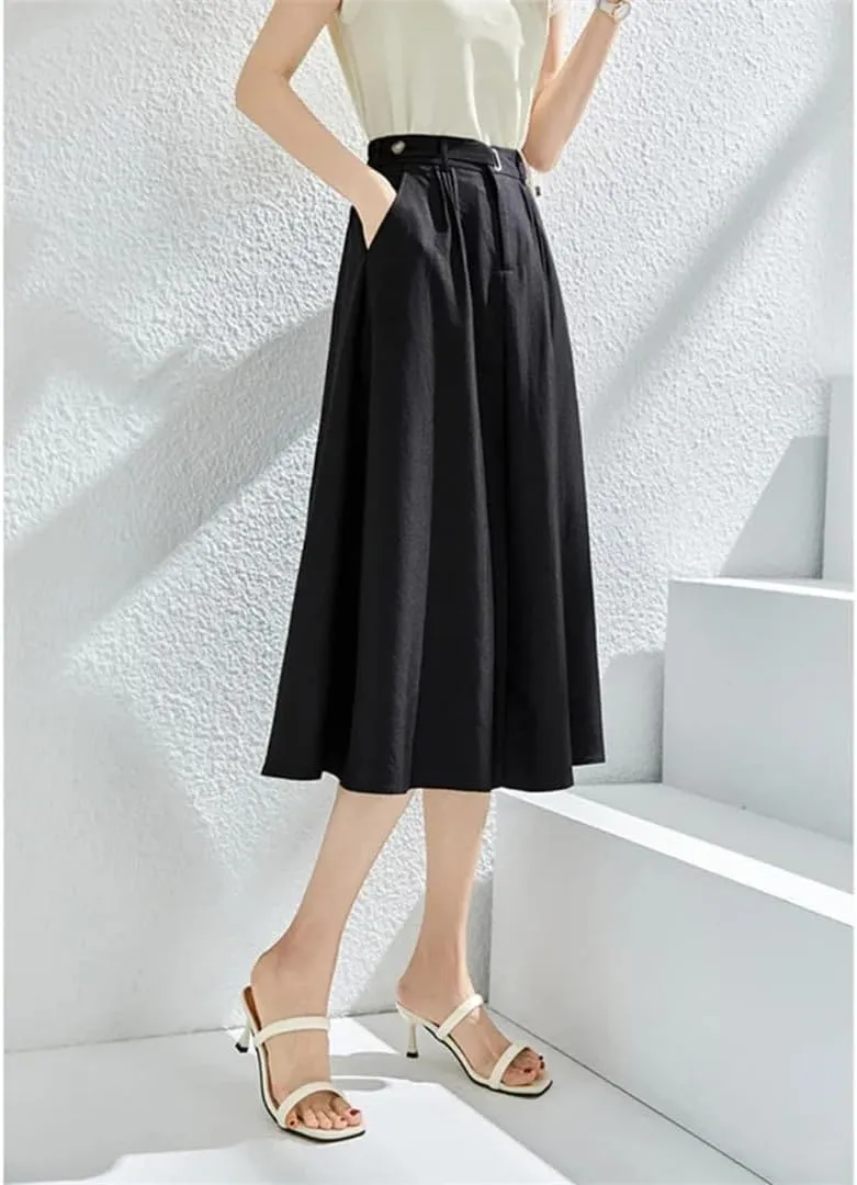 Women Summer A-Line Loose Elastic Hight Waist Pleated Swing Midi Skirt with Pockets