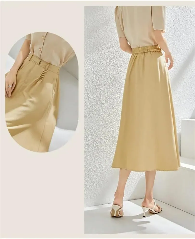 Women Summer A-Line Loose Elastic Hight Waist Pleated Swing Midi Skirt with Pockets