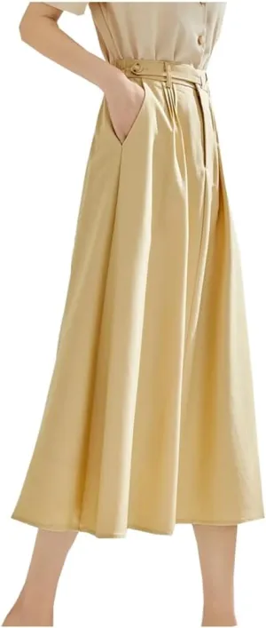 Women Summer A-Line Loose Elastic Hight Waist Pleated Swing Midi Skirt with Pockets
