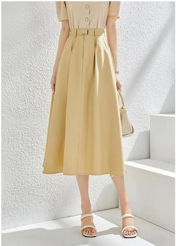 Women Summer A-Line Loose Elastic Hight Waist Pleated Swing Midi Skirt with Pockets