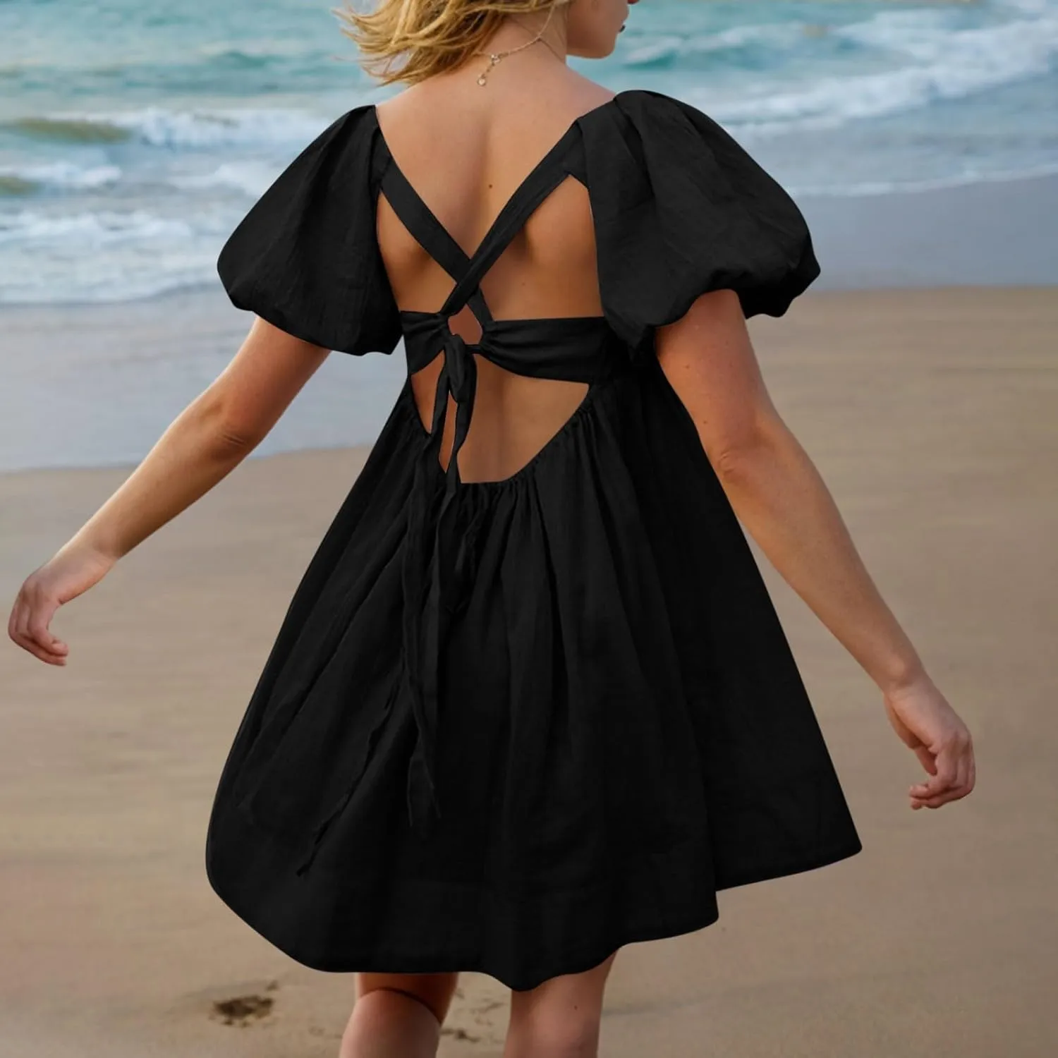 Women Summer Babydoll Dresses Flowy Mini Dress Square Neck Front Pleated Sundresses Back Tie Ruffle Aline Short Dress