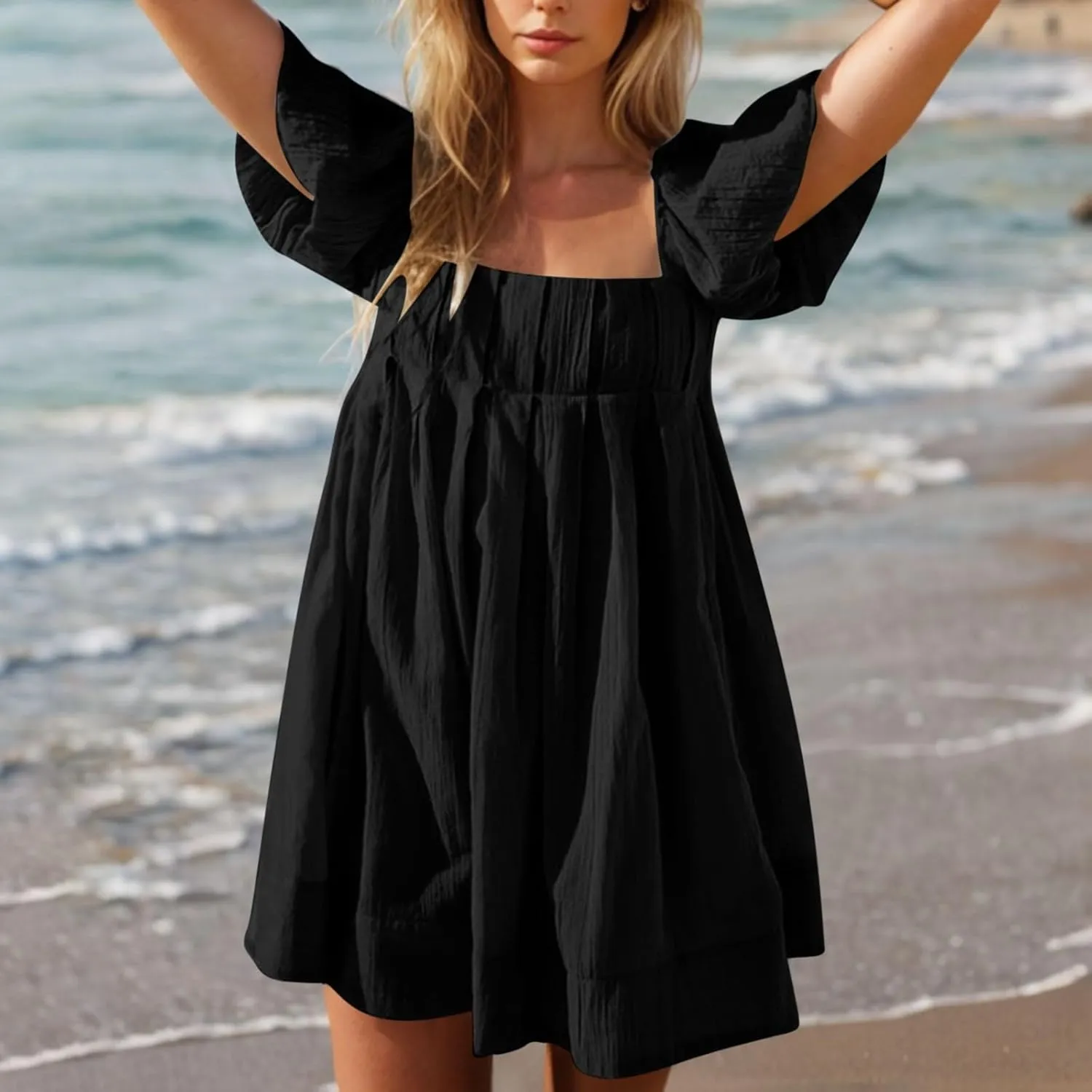 Women Summer Babydoll Dresses Flowy Mini Dress Square Neck Front Pleated Sundresses Back Tie Ruffle Aline Short Dress