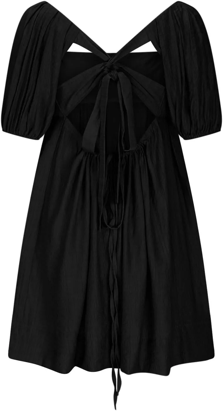 Women Summer Babydoll Dresses Flowy Mini Dress Square Neck Front Pleated Sundresses Back Tie Ruffle Aline Short Dress