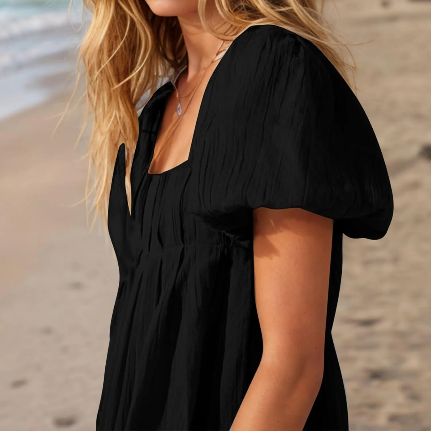 Women Summer Babydoll Dresses Flowy Mini Dress Square Neck Front Pleated Sundresses Back Tie Ruffle Aline Short Dress