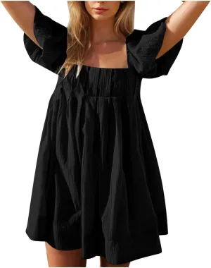 Women Summer Babydoll Dresses Flowy Mini Dress Square Neck Front Pleated Sundresses Back Tie Ruffle Aline Short Dress