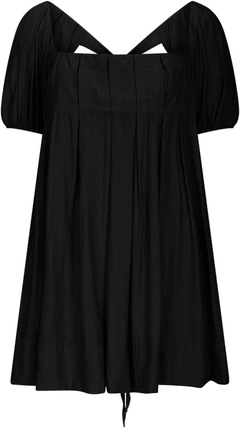 Women Summer Babydoll Dresses Flowy Mini Dress Square Neck Front Pleated Sundresses Back Tie Ruffle Aline Short Dress