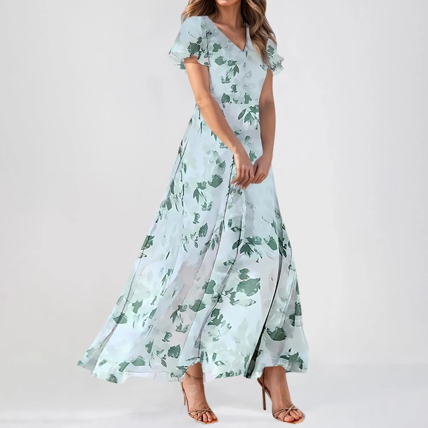 Women Summer Bohemian Floral Casual Wrap V Neck Ruffle Cap Sleeveless Belt A-Line Pleated Hem Long Sundress