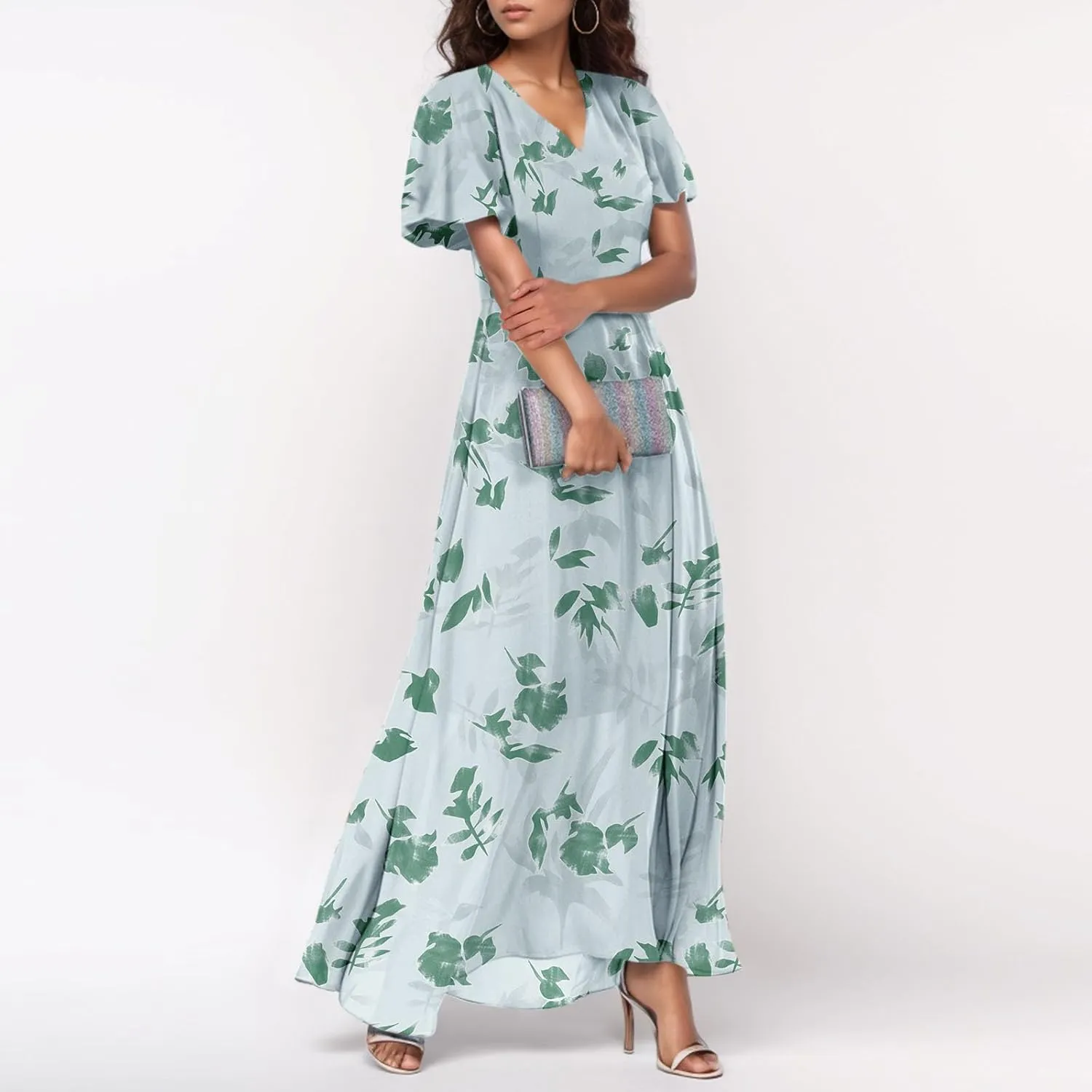Women Summer Bohemian Floral Casual Wrap V Neck Ruffle Cap Sleeveless Belt A-Line Pleated Hem Long Sundress