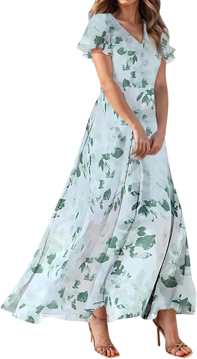 Women Summer Bohemian Floral Casual Wrap V Neck Ruffle Cap Sleeveless Belt A-Line Pleated Hem Long Sundress