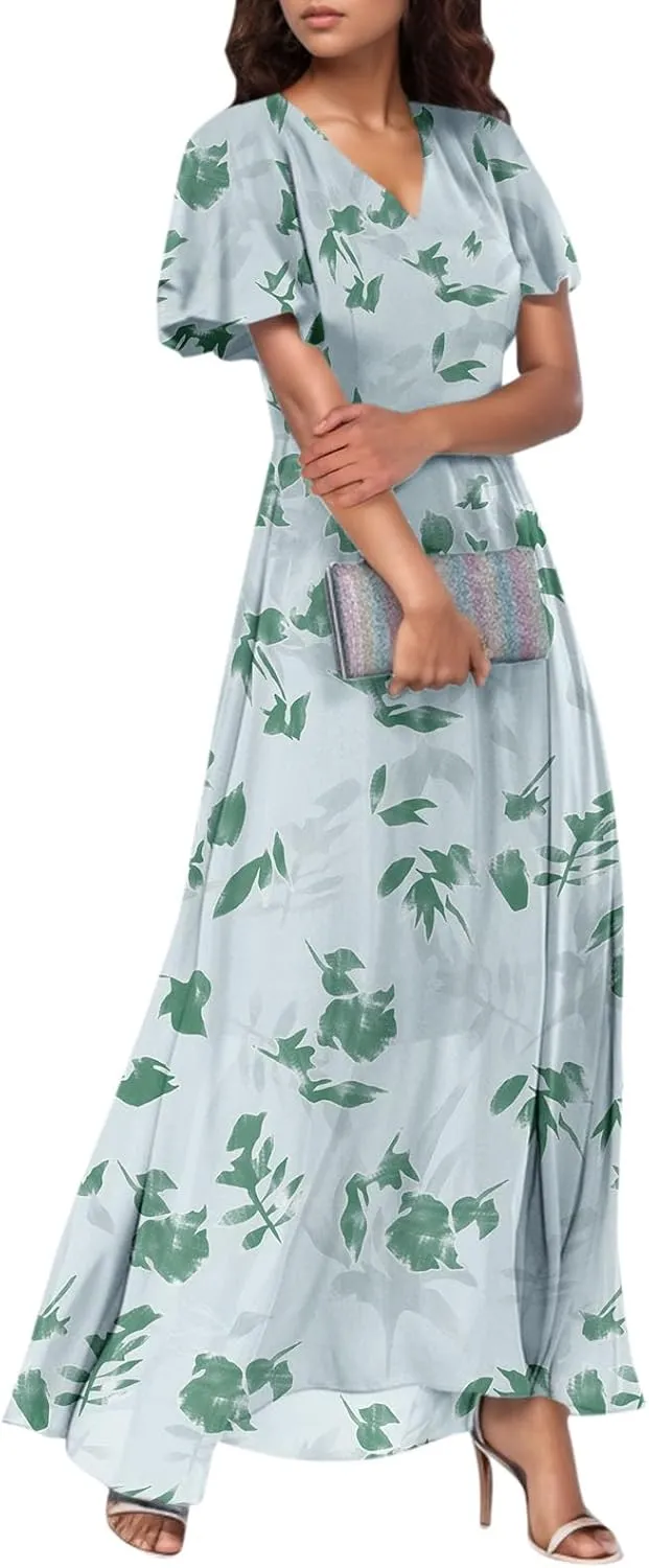 Women Summer Bohemian Floral Casual Wrap V Neck Ruffle Cap Sleeveless Belt A-Line Pleated Hem Long Sundress
