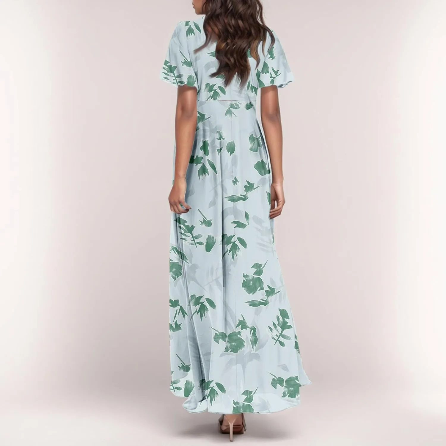 Women Summer Bohemian Floral Casual Wrap V Neck Ruffle Cap Sleeveless Belt A-Line Pleated Hem Long Sundress