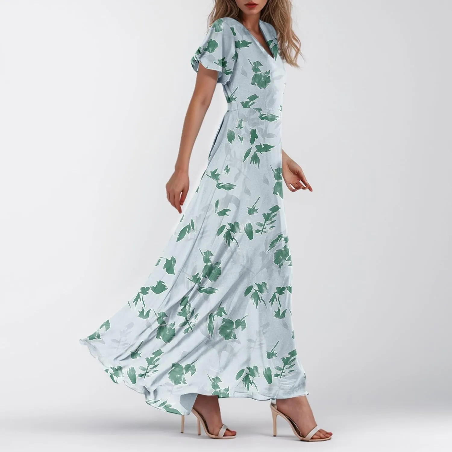 Women Summer Bohemian Floral Casual Wrap V Neck Ruffle Cap Sleeveless Belt A-Line Pleated Hem Long Sundress