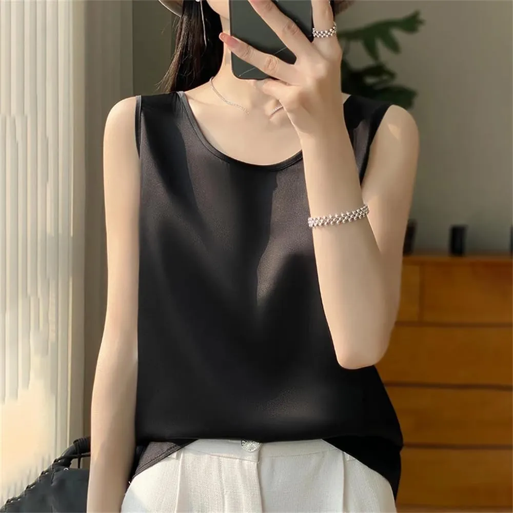 Women Summer Sleeveless Basic Tank Tops Casual Solid Sexy O-Neck Camisole Shirt