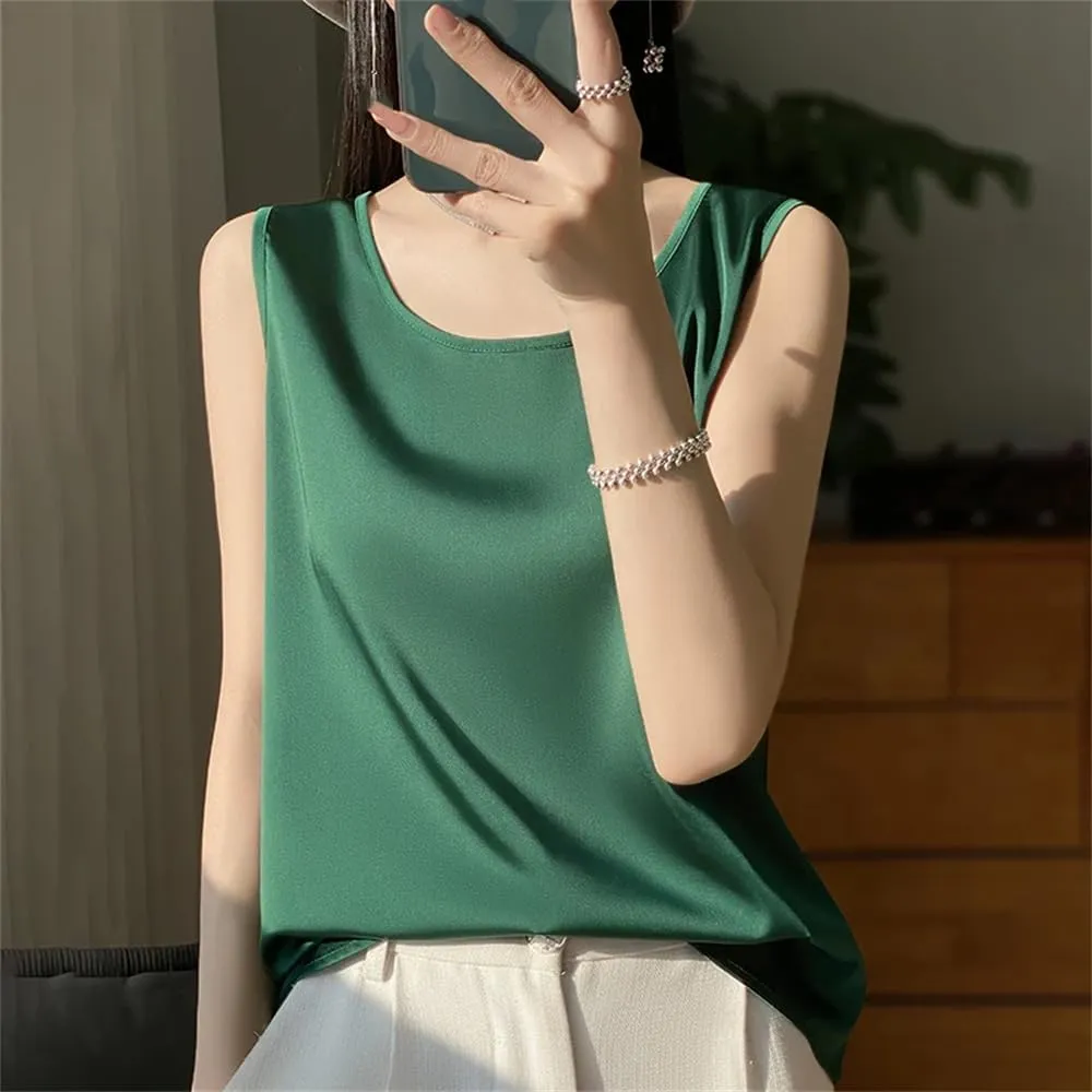 Women Summer Sleeveless Basic Tank Tops Casual Solid Sexy O-Neck Camisole Shirt