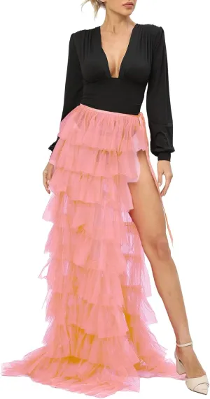 Women Tulle Tutu Long Skirts Wedding Party Cocktail Prom Bandage Mesh Overskirt Ruffled Steampunk Tie-on Bustle Skirt