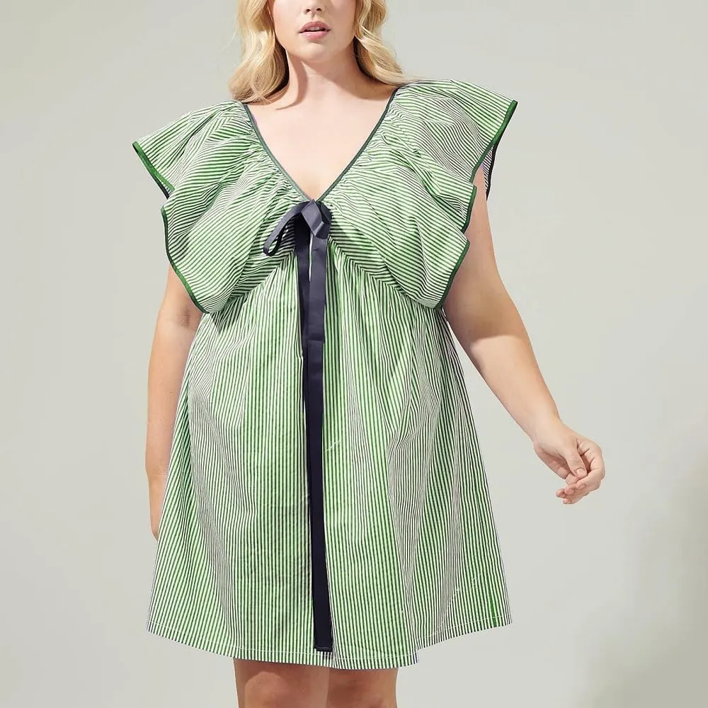 Women V Neck Babydoll Mini Dress Ruffle Boho Floral Flowy Sundress Bow Loose Summer Holiday Going Out Dress