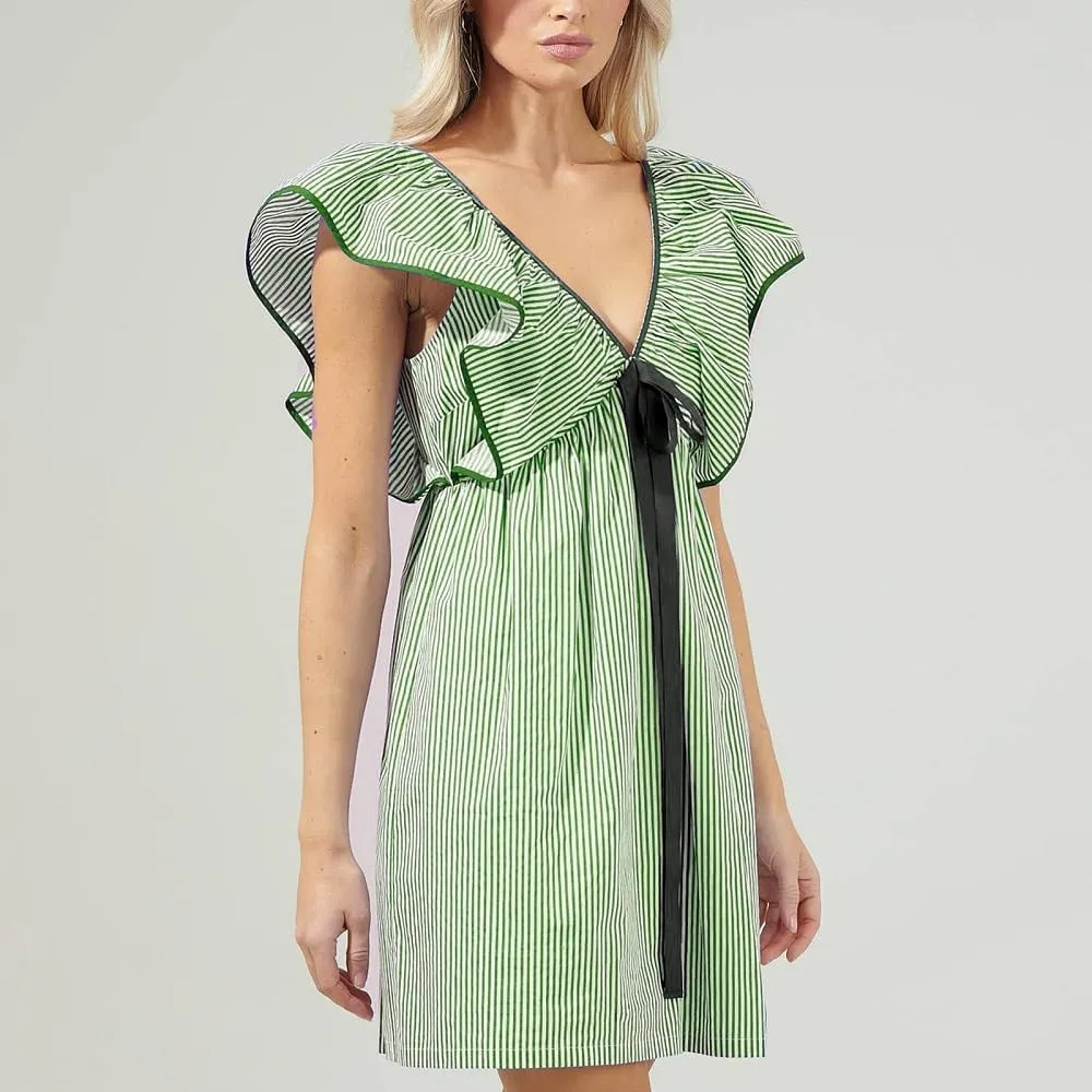Women V Neck Babydoll Mini Dress Ruffle Boho Floral Flowy Sundress Bow Loose Summer Holiday Going Out Dress