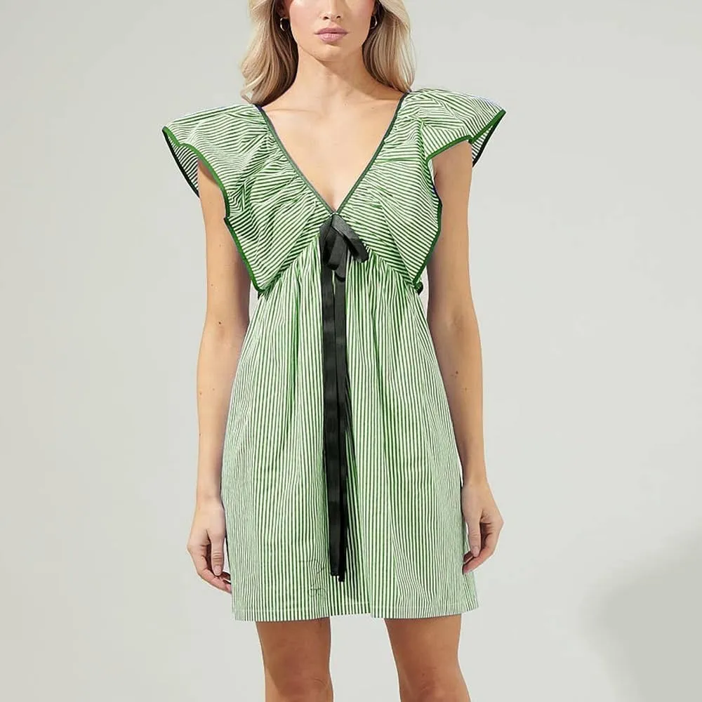 Women V Neck Babydoll Mini Dress Ruffle Boho Floral Flowy Sundress Bow Loose Summer Holiday Going Out Dress
