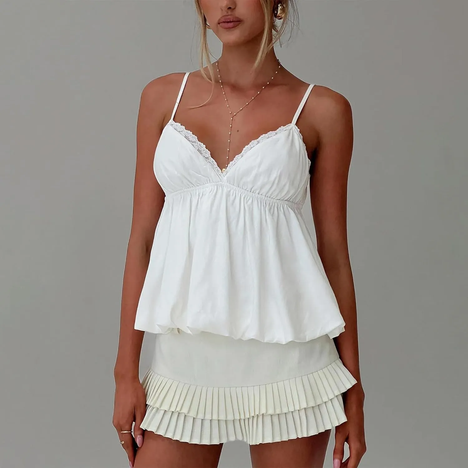 Women Y2K Cami Shirt Sexy V Neck Sleeveless Peplum Crop Top Spaghetti Strap Babydoll Tank Tops Going Out Camisole