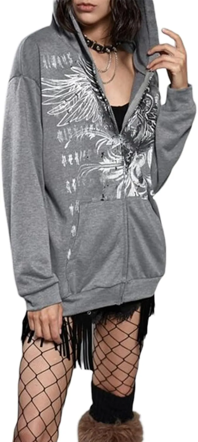 Women Y2k Zip Up Hoodie Vintage Graphic Oversized Sweatshirt Aesthetic Harajuku Teen Girls Jacket