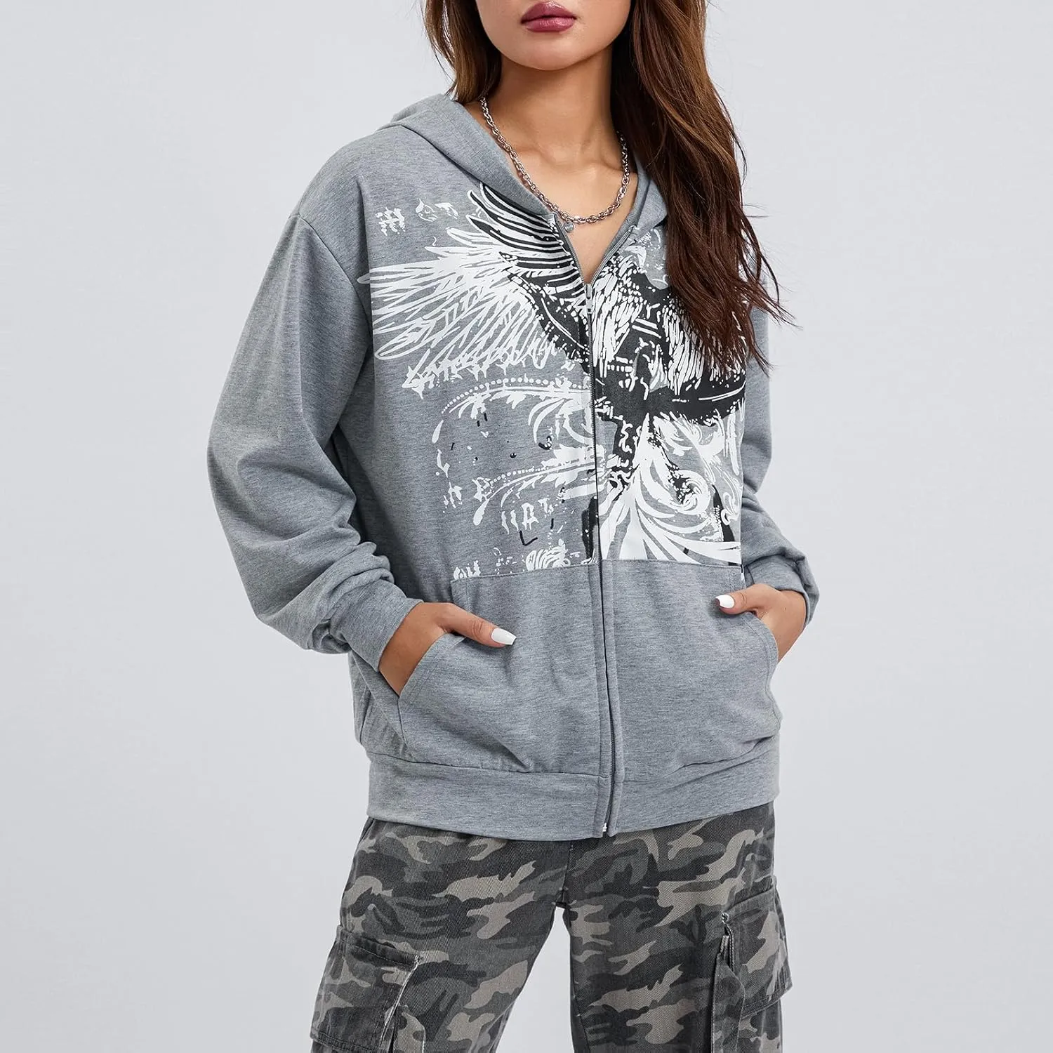 Women Y2k Zip Up Hoodie Vintage Graphic Oversized Sweatshirt Aesthetic Harajuku Teen Girls Jacket