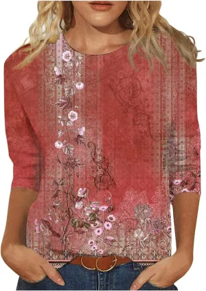 Women's 3/4 Sleeve Shirts Crew Neck Loose Tops Casual Solid Color Tshirts Trendy Basic Tunic Summer Ladies Tops